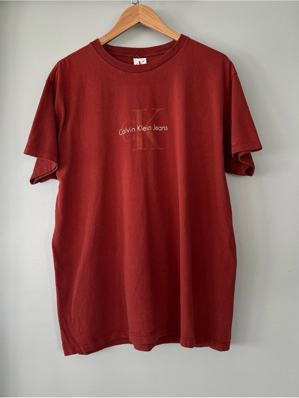 VTG 90s Calvin Klein Jeans Men's Deep Brick Red Logo Tee 100% Cotton